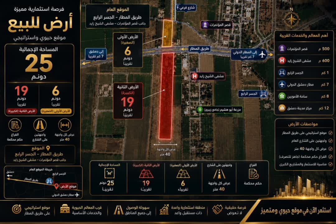 للبيع قطعتين أرض بمساحة 26 دونم على طريق المطار – الجسر الرابع